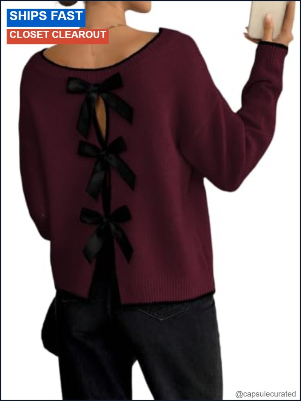 Womens Knit Pullover Sweater Open Back Ribbon Bows Casual Fall Winter